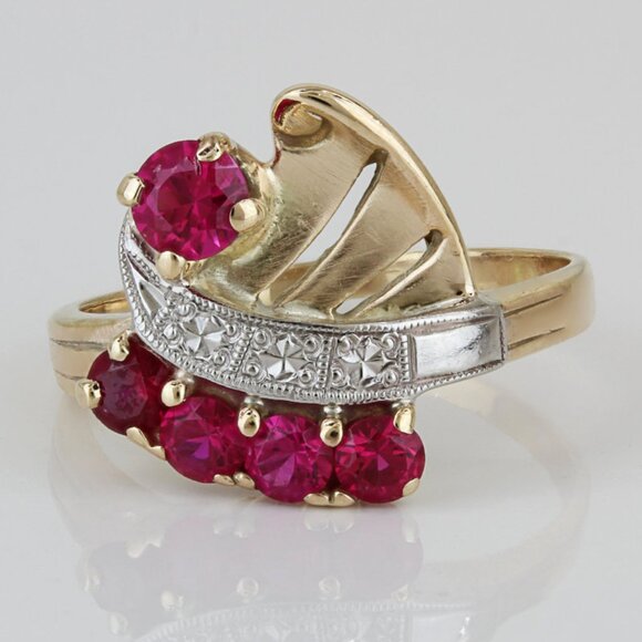 Vintage 10K Yellow +White Gold Lab-Created Ruby Anniversary/ Cocktail Ring